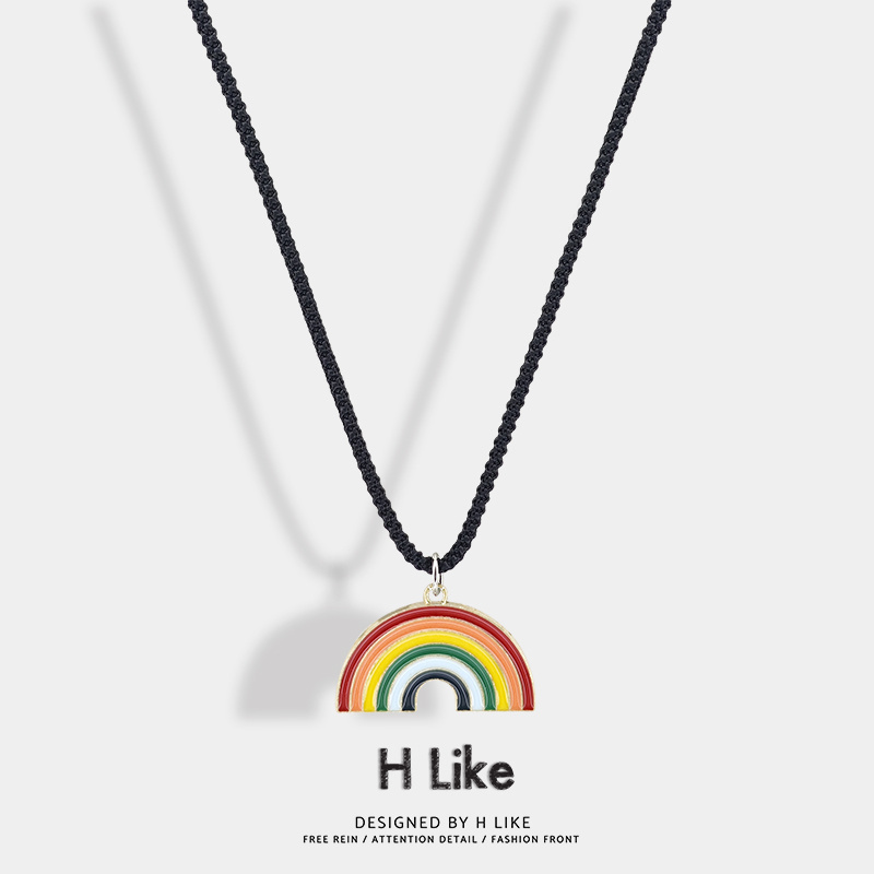 七彩彩虹涤纶红黑绳男女项链吊坠