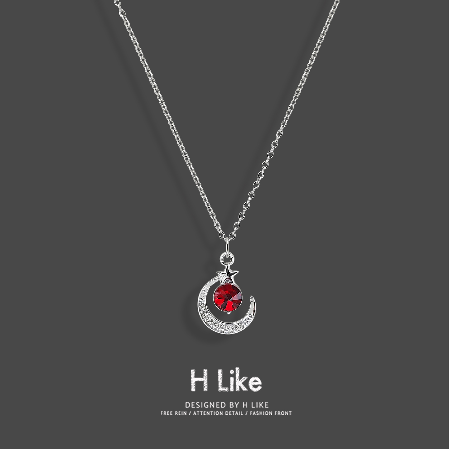 新款月亮星星红色水钻吊坠十字链条锁骨项链女士时尚气质高级精致