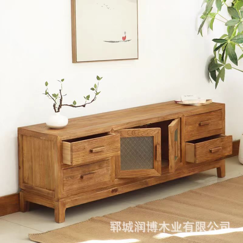 老榆木电视柜家用靠墙边柜带抽屉整理柜客厅玻璃柜视听柜边柜