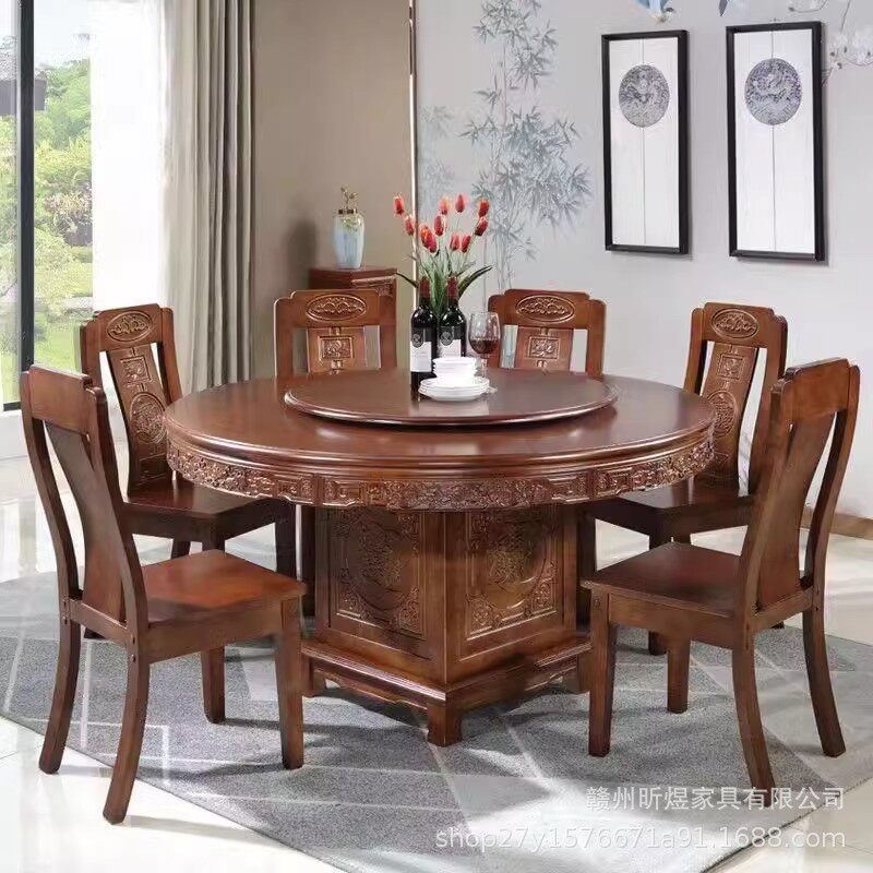 新中式餐桌桌椅组合实木圆桌家用客厅酒店餐桌仿古雕花转盘餐桌