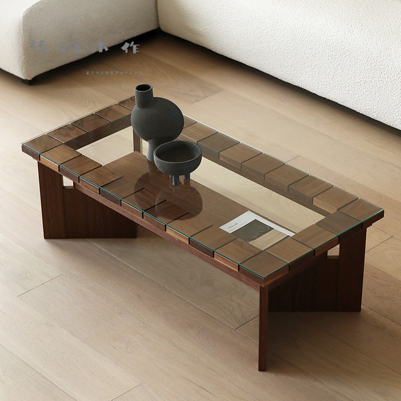 北欧黑胡桃实木玻璃长方形双层茶几简约现代客厅茶桌橡木茶台