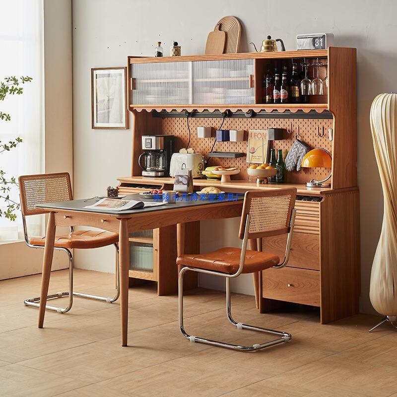 北欧全实木餐边柜餐桌一体日式复古小户型靠墙储物柜樱桃木高酒柜