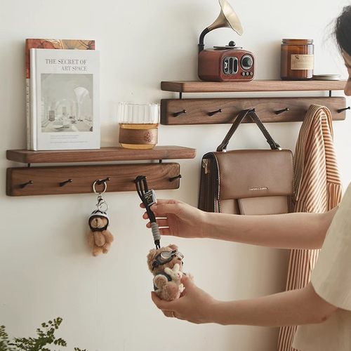 北欧风实木挂衣架日式入户黄铜挂钩玄关墙上置物架黑胡桃木衣帽钩