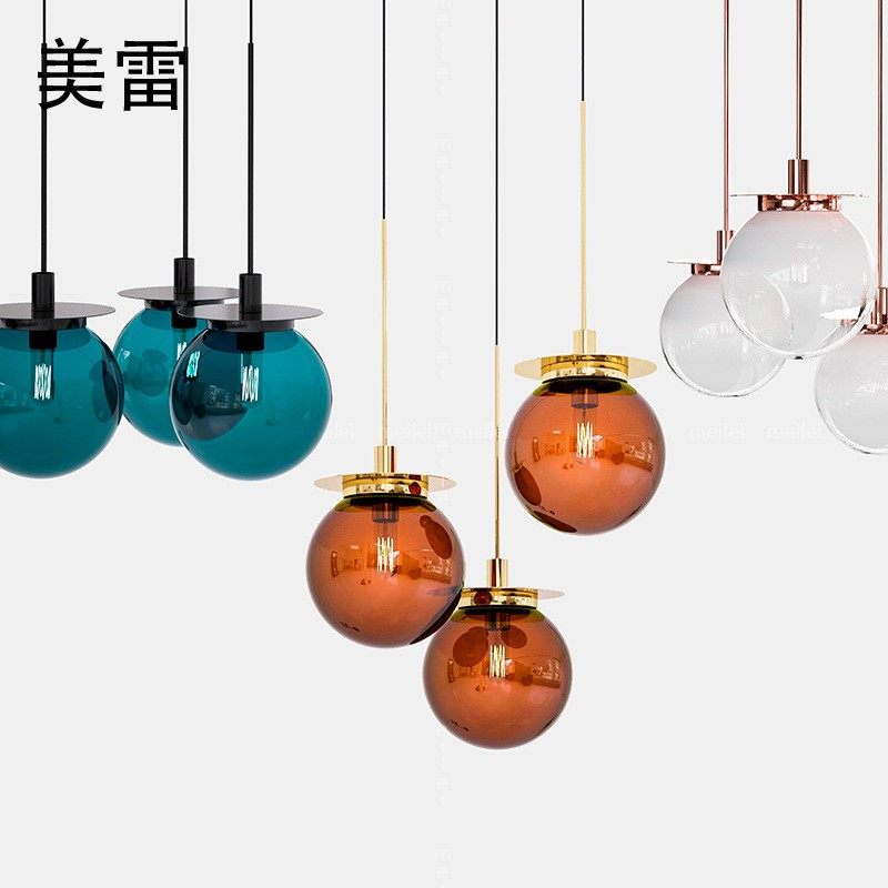 北欧三头餐厅灯现代简约酒红圆形玻璃吊灯创意个性客厅卧室床头灯