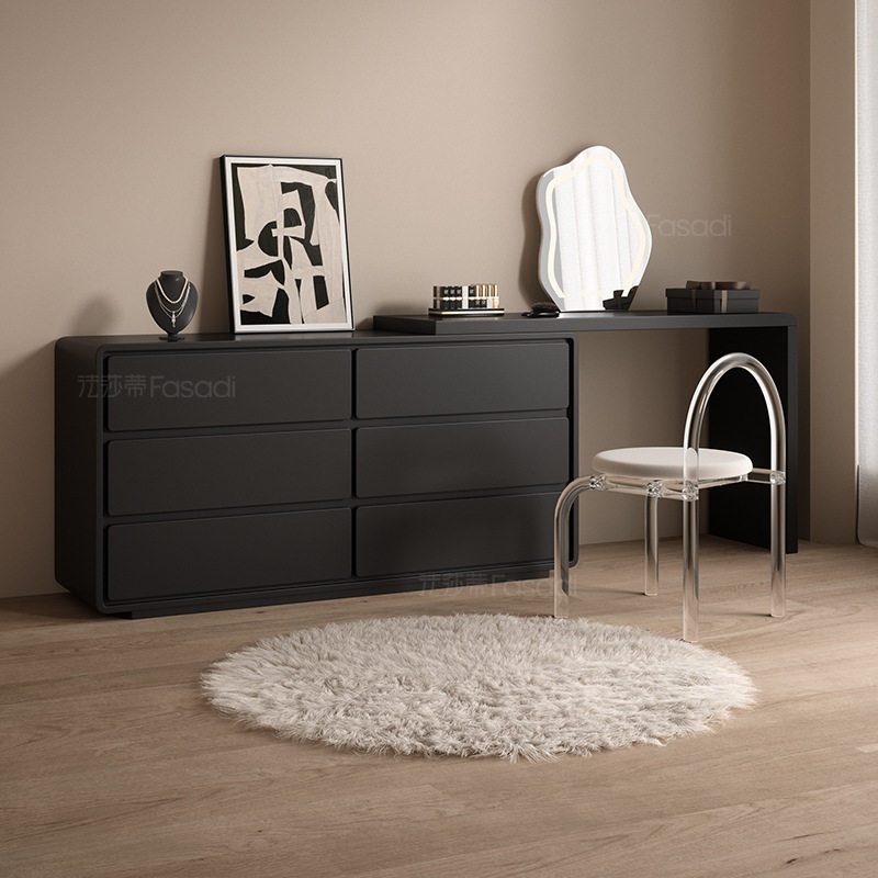 梳妆台卧室收纳斗柜一体现代简约黑色烤漆伸缩化妆桌木儿w&