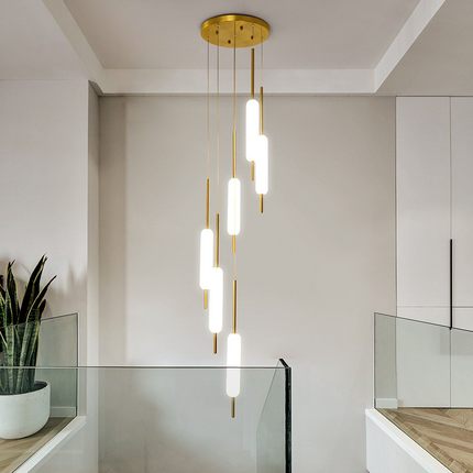 长条吊灯客厅创意loft线形玻璃白色后现代别墅复式挑空轻奢楼梯灯