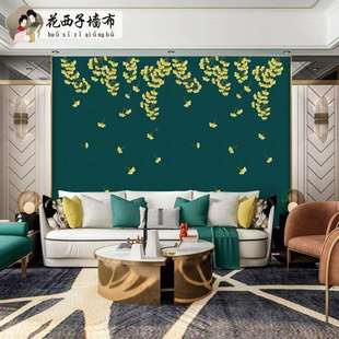 叶银杏中式 卧室床头背景墙布独秀刺绣客厅餐厅沙发电视背景壁布