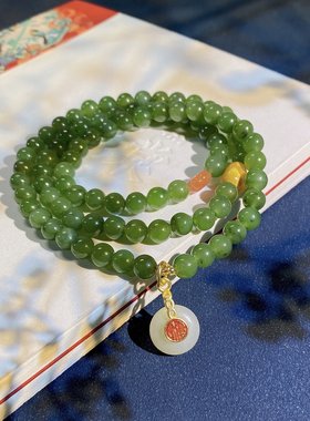 新款天然和田玉碧玉圆珠多圈女式手链和田白玉平安扣吊坠玉石手串