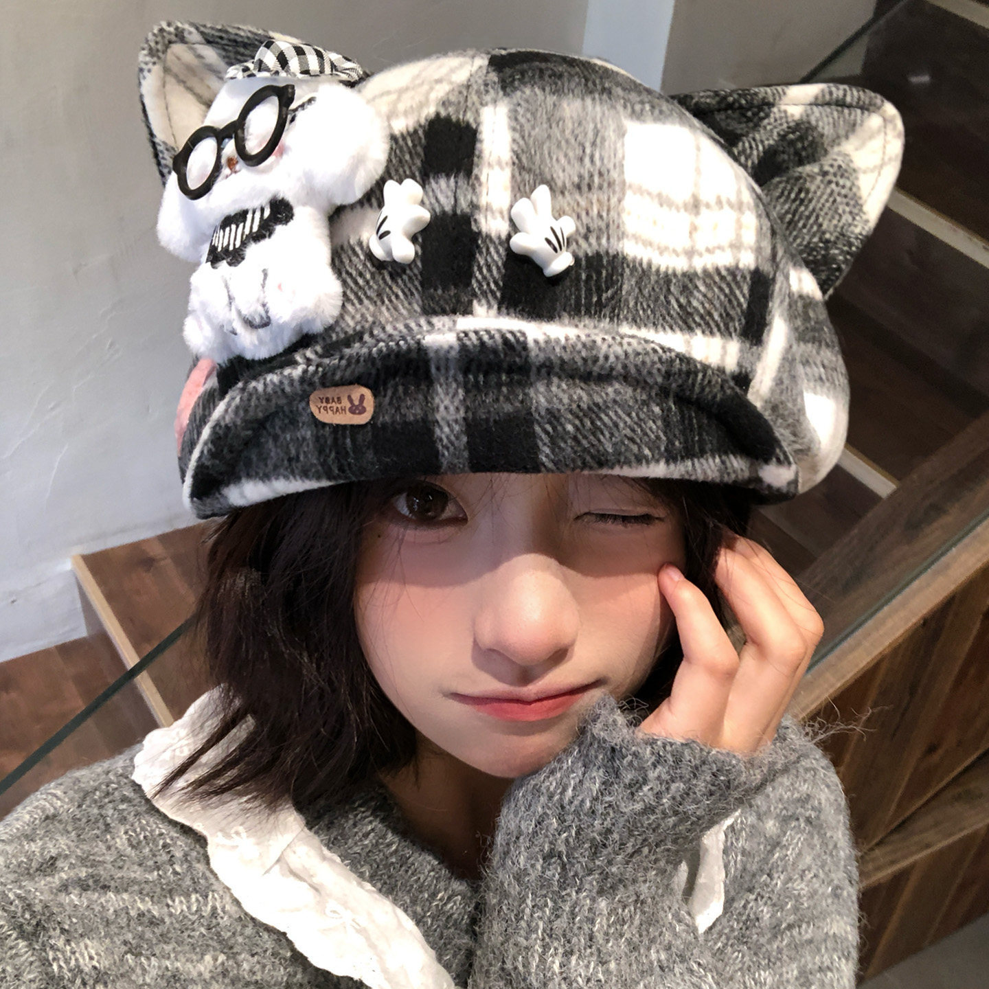 日系可爱眼镜小狗耳朵贝雷帽女秋帽子