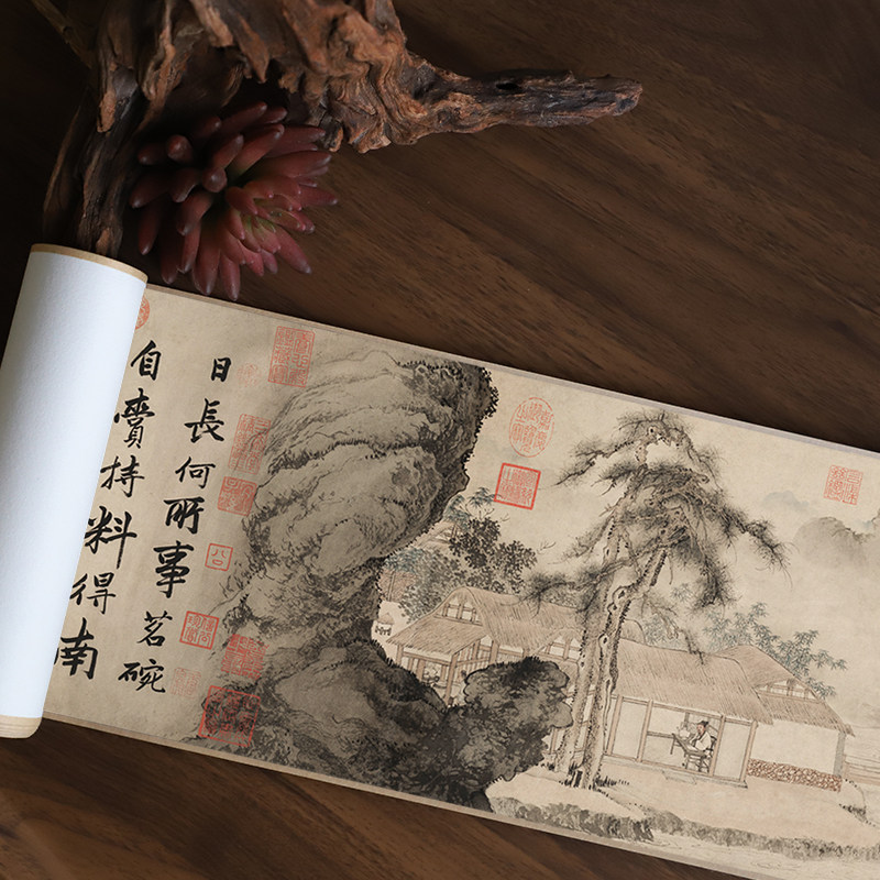 明唐寅事茗图手卷手工国画山水画复古文艺装饰画传统水墨画收藏品