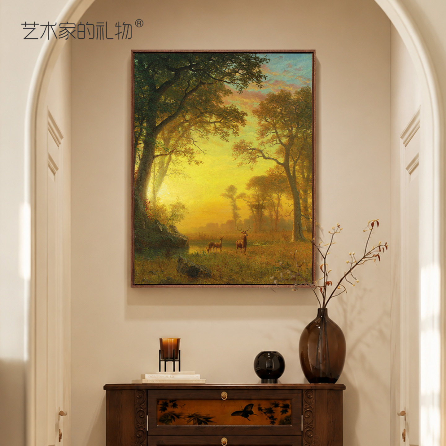 巨好看的中古风玄关装饰画入户门正对墙挂画2026新款金色鹿鸣壁画