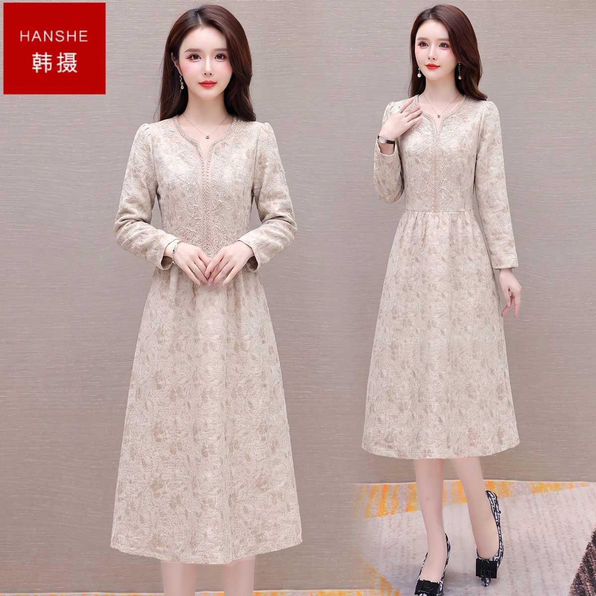 韩摄优雅气质淑女连衣裙2026显瘦秋季新款修身时尚中长款时尚裙子