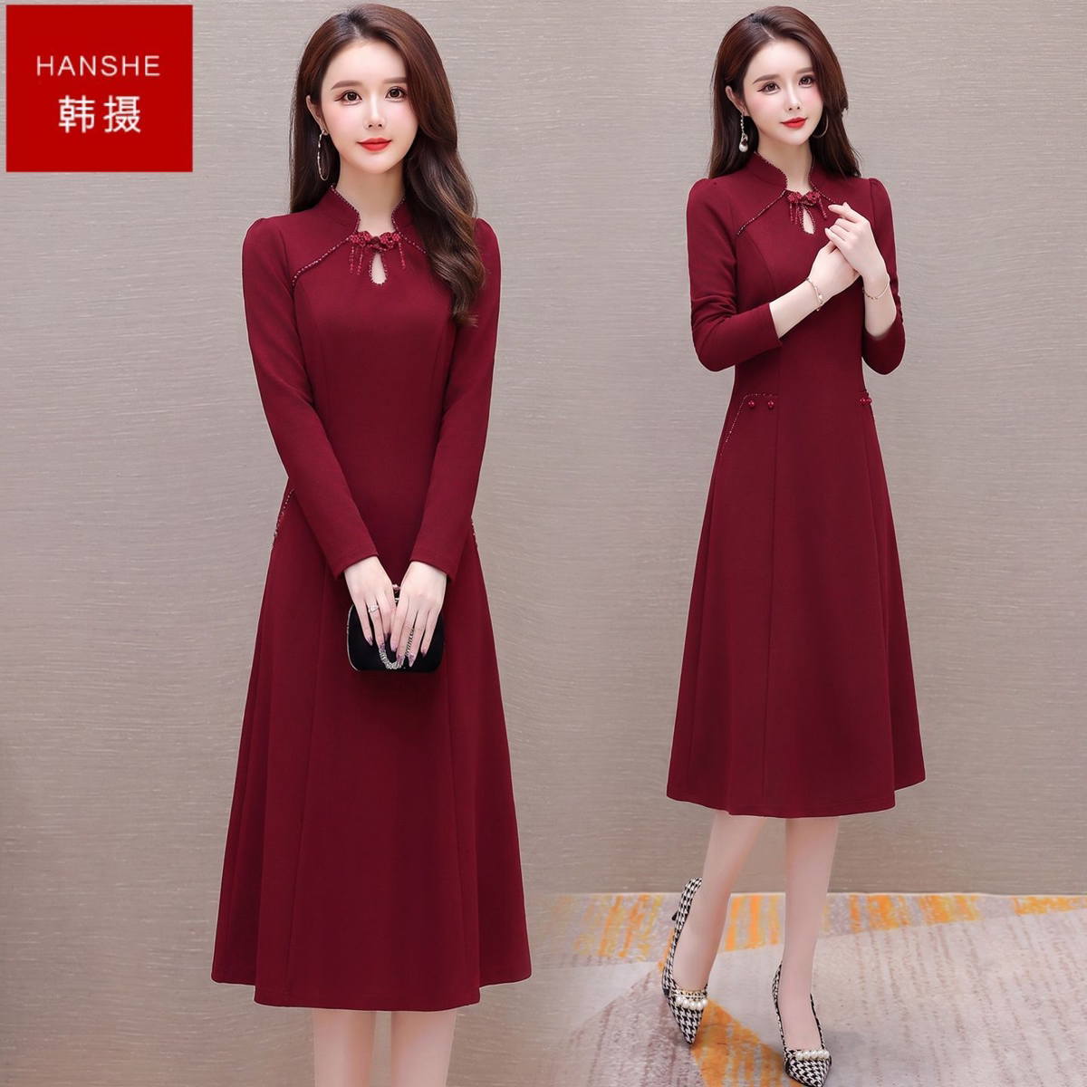 韩摄优雅中式气质旗袍连衣裙2026秋季新款婆婆婚宴显瘦礼服裙子女