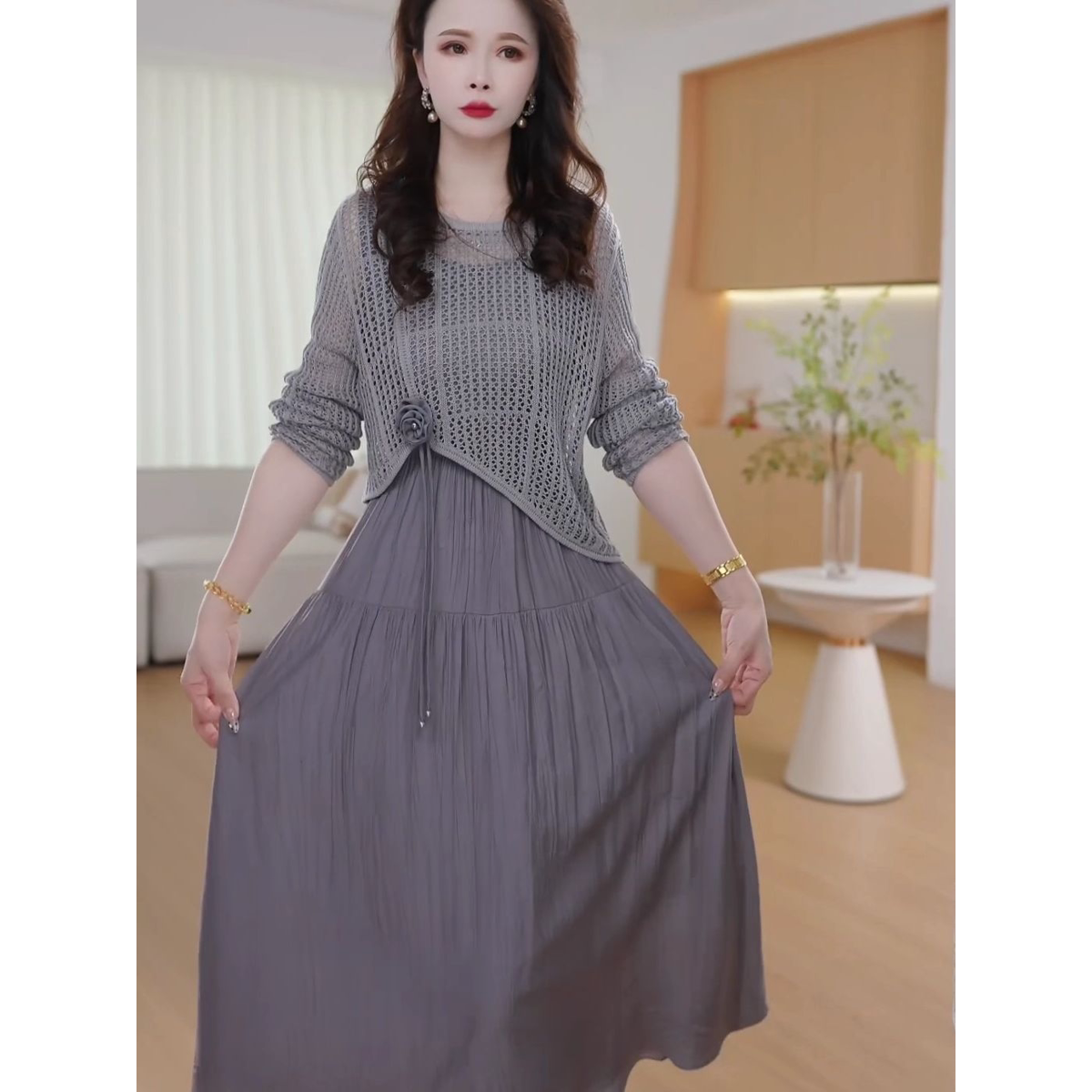 2026秋季新款修身两件套高级珍珠丝法式清晰甜美优雅女装新款裙子