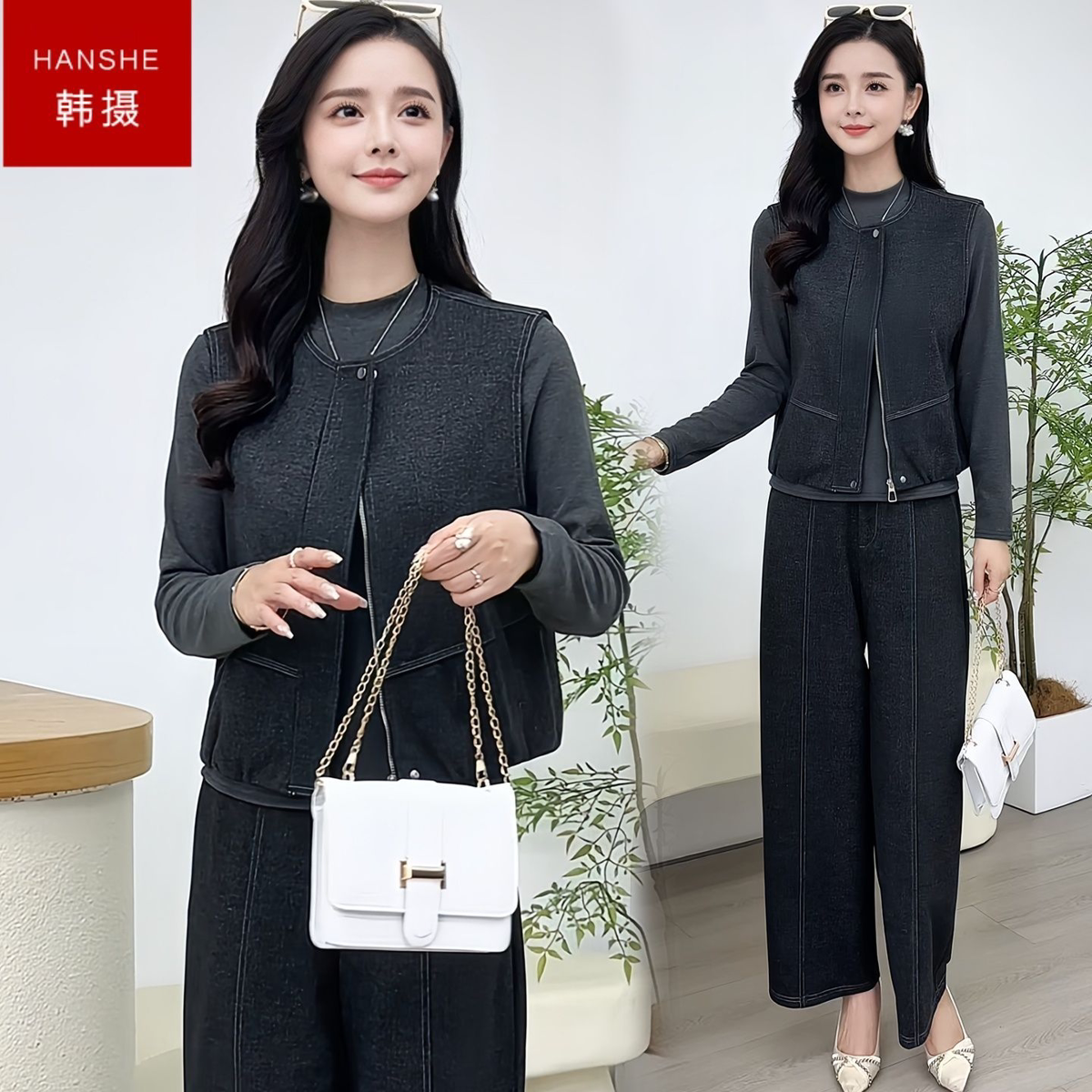 韩摄时尚休闲马甲打底裤子三件套女2026秋季新款气质简约显瘦套装