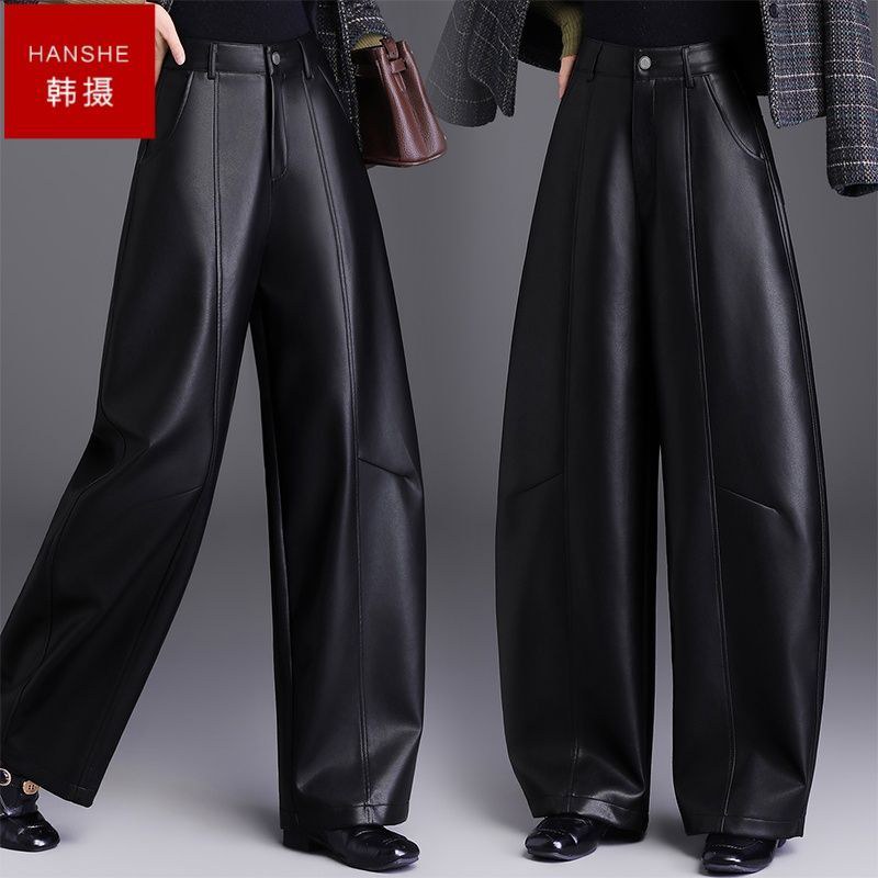 韩摄弯刀裤女2026宽松新款阔腿裤高腰秋冬小个子九分皮裤时尚百搭