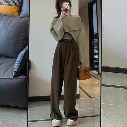 高腰大码休闲西装裤女2022年秋季新款胖mm宽松拖地直筒阔腿运动裤