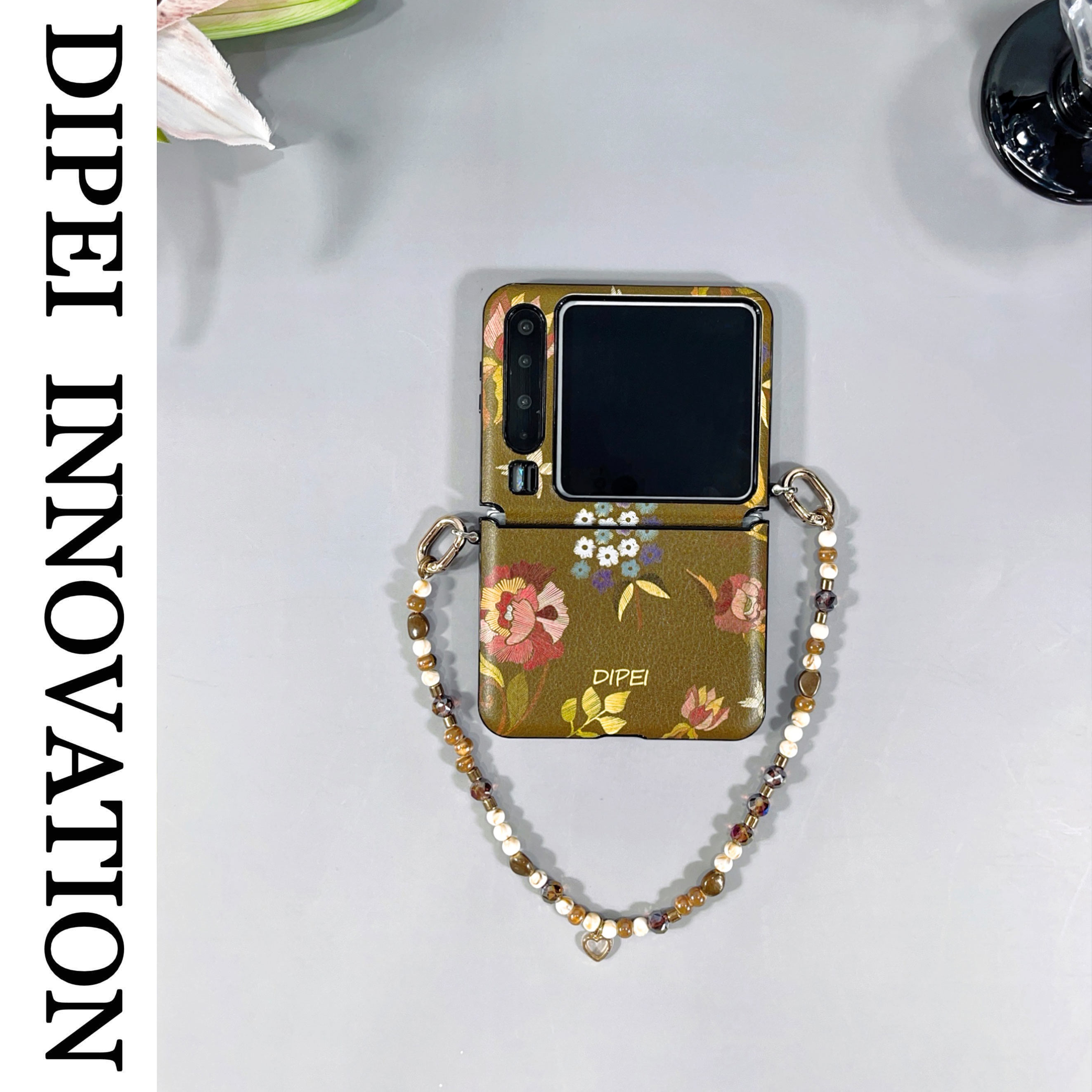 棕刺绣花折叠屏手机壳华为PuraX