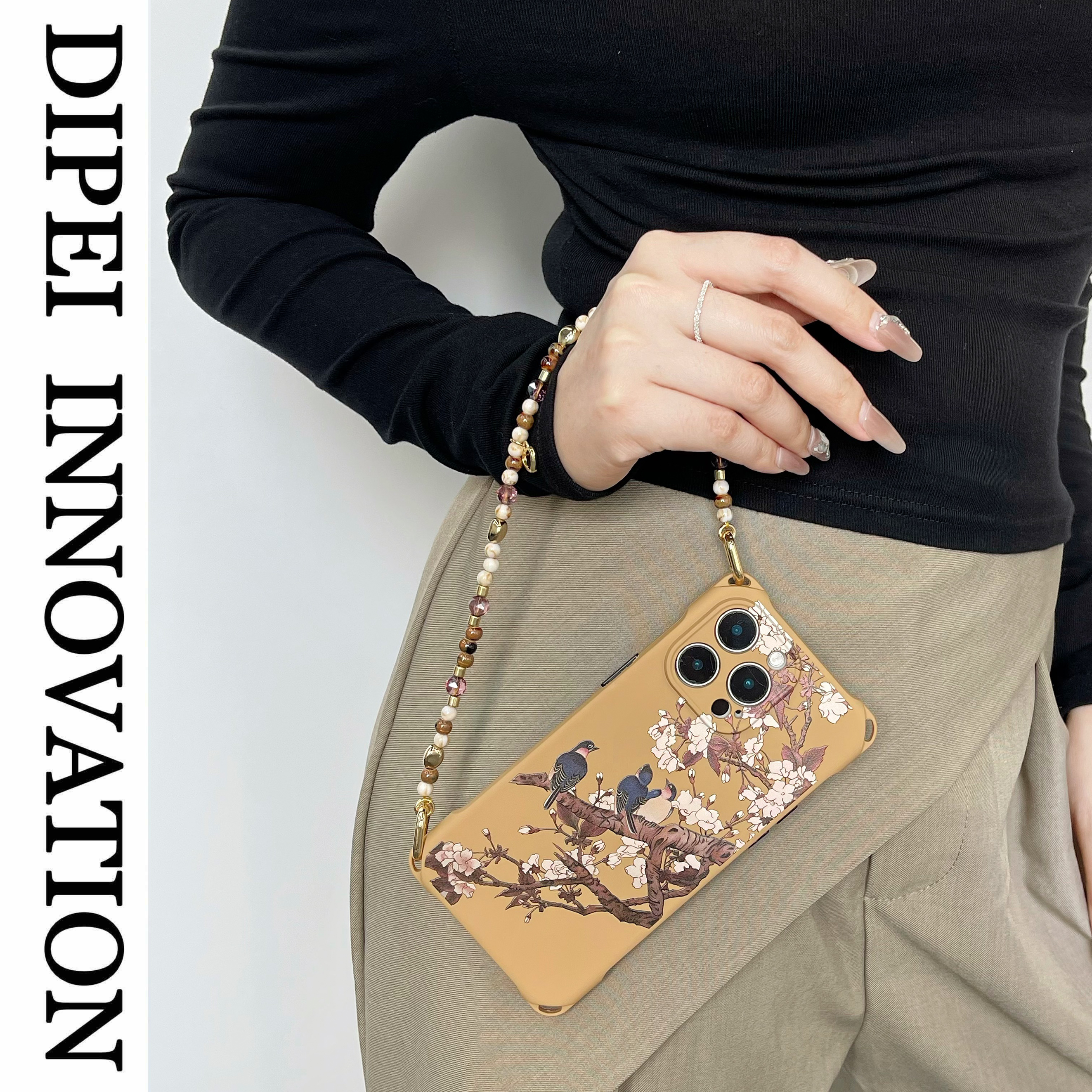 新中式棕鸟挂绳手机壳16promax