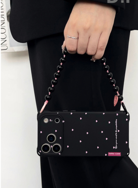 简约标签粉小心心挂绳手机壳适用苹果iPhone17promax华为mate60小米15可斜跨侧背手提手拎带四角开孔女高级感