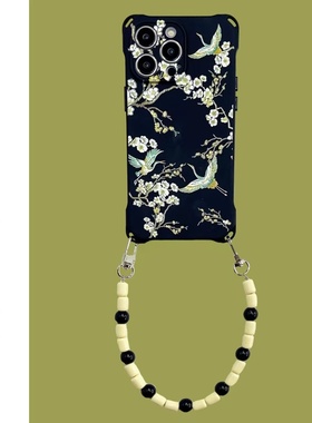 国潮风梅花鹤链条手机壳15Promax黑色11新款13适用小米荣耀华为苹果iPhone14防摔mate60pro斜挎nova12pro挂绳