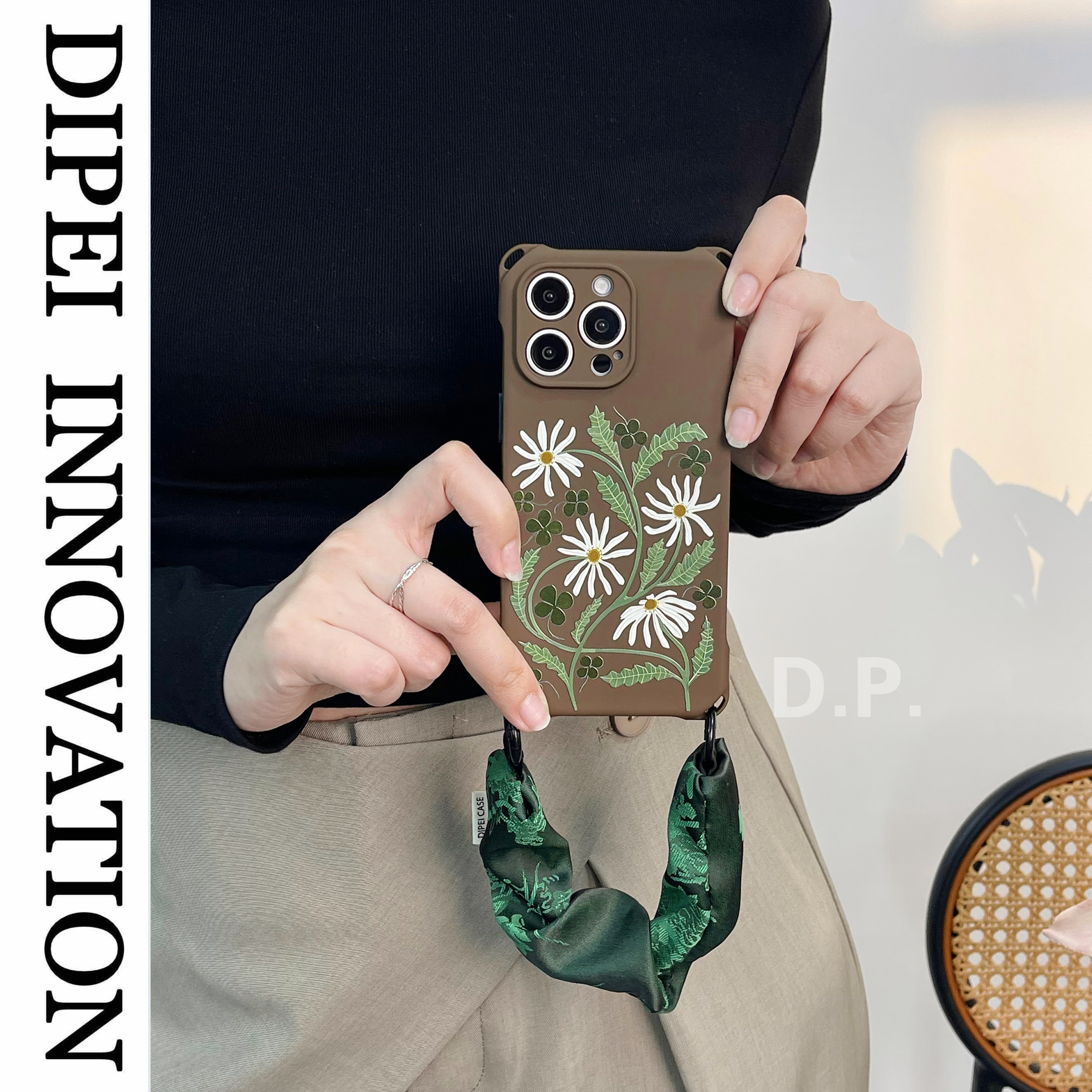 复古风抽象花挂绳手机壳适用苹果17PROMAX荣耀VIVO小米15华为mate70斜跨侧背式挂脖手提腕带四角开孔欧式高级