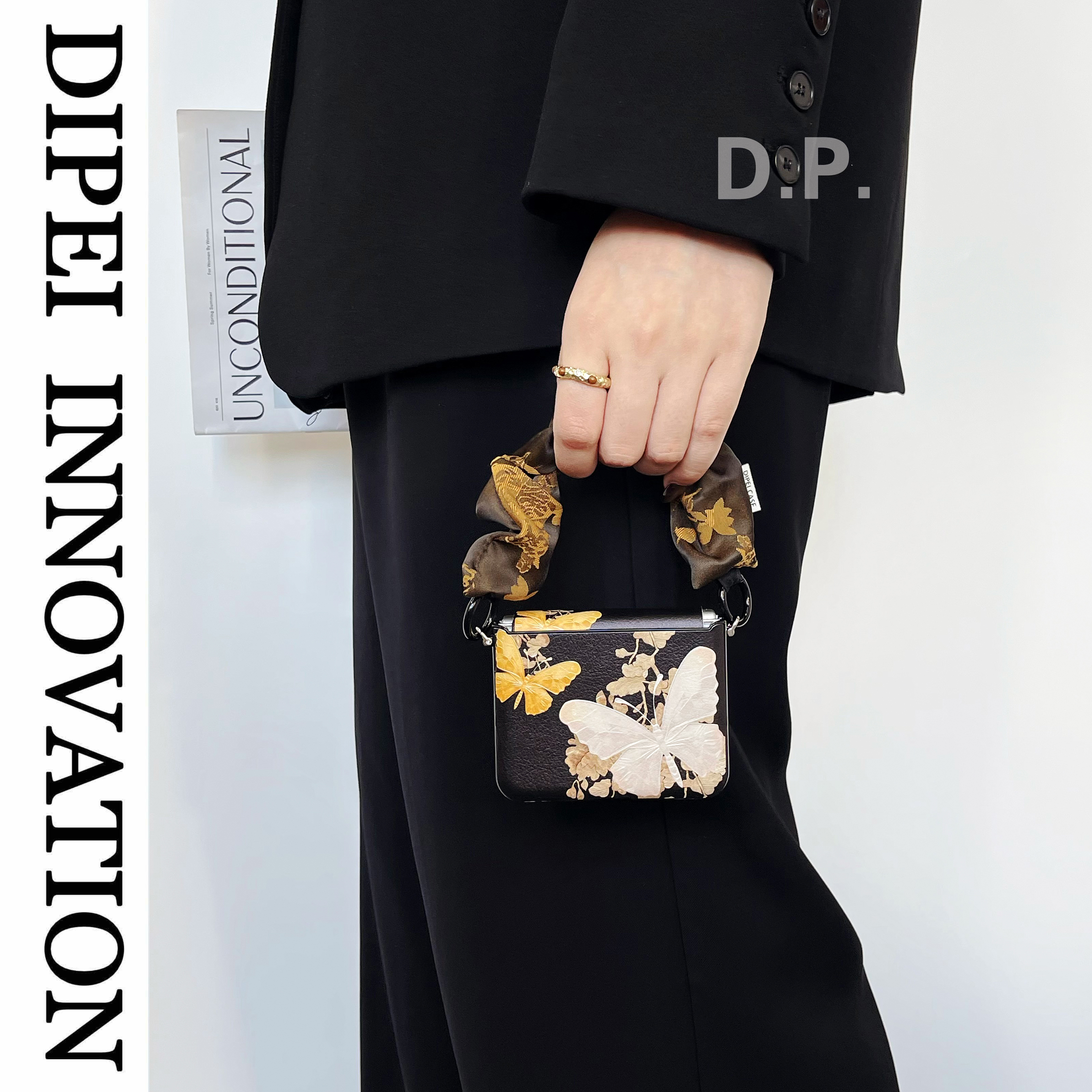 新中式双蝶皮质折叠屏挂绳手机壳