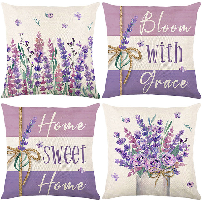 2026新款春季紫色薰衣草抱枕套系列涤纶印花客厅沙发装饰靠垫靠枕