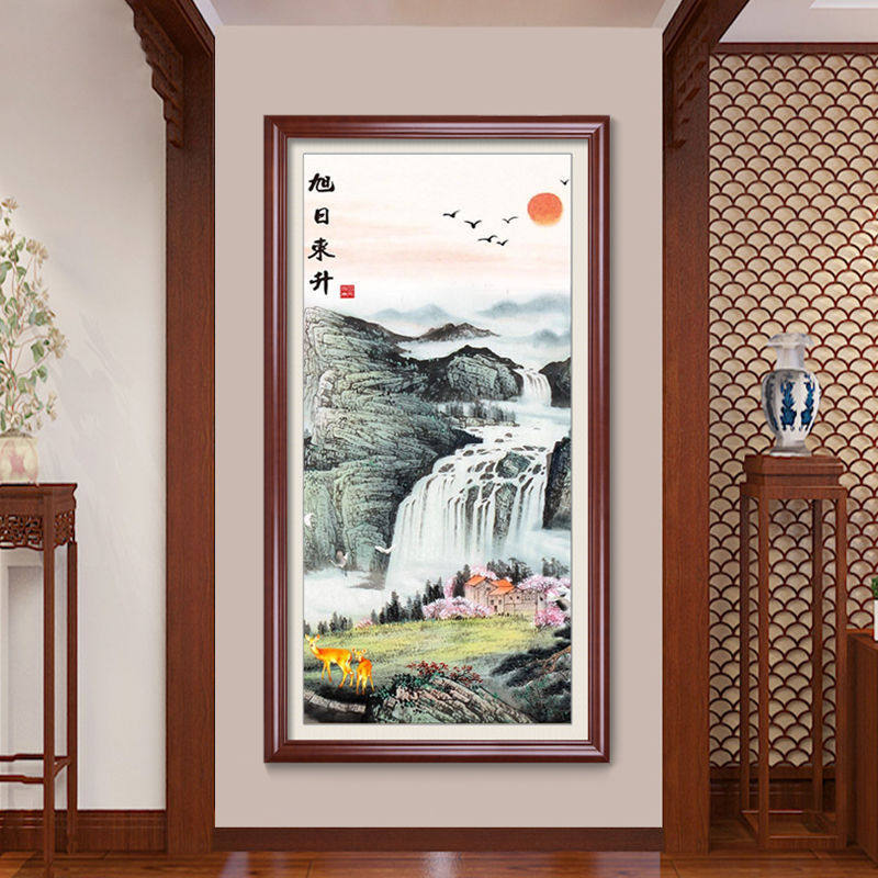 玄关装饰画竖版旭日东升山水画过道走廊挂画风水壁画国画有框装裱