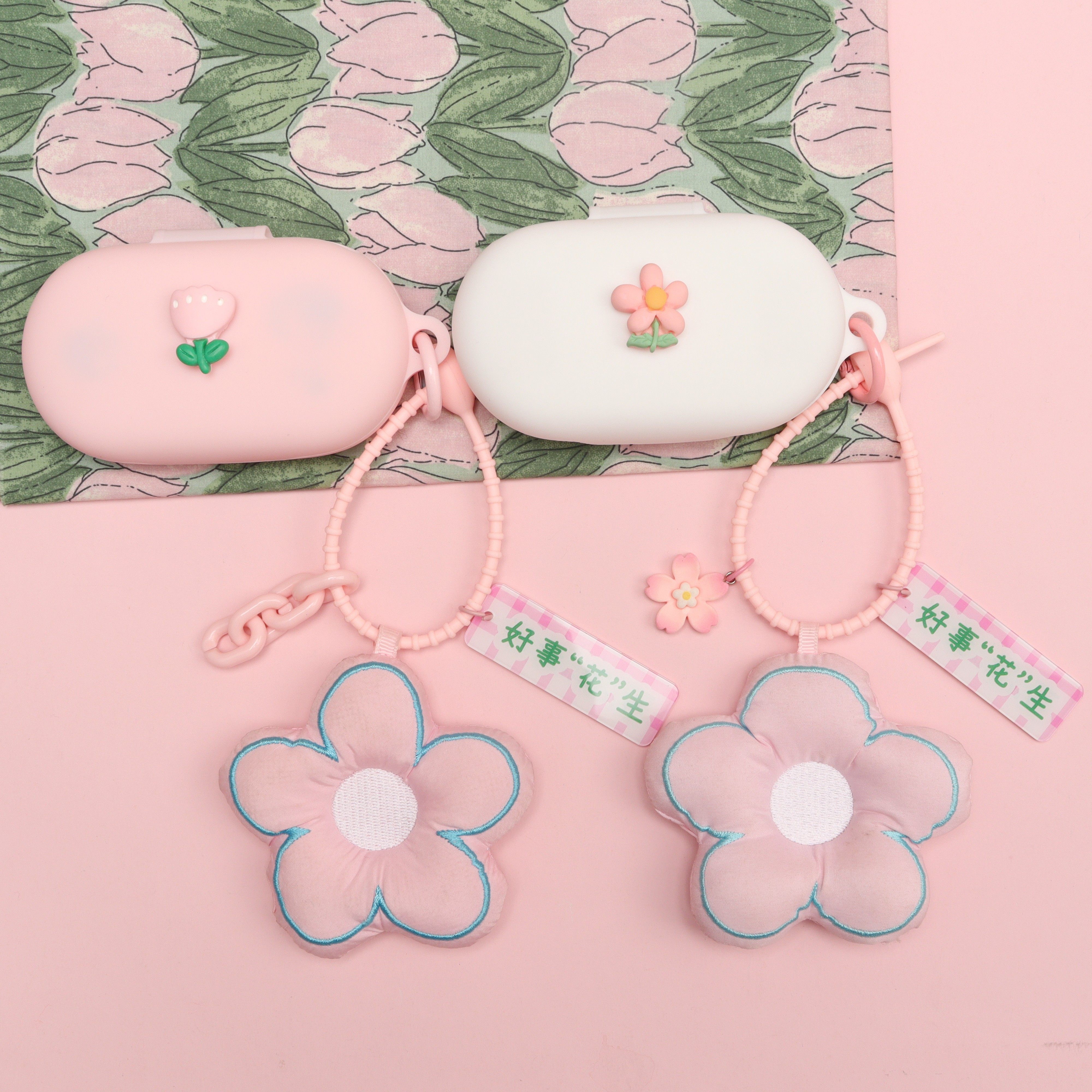 适用于JBL SOUNDGEAR SENSE音悦圈蓝牙耳机保护套粉色郁金香花朵jbl soundgear sense音悦圈一体式硅胶软壳