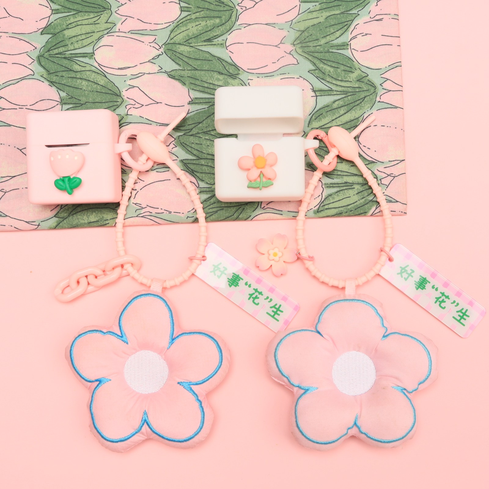 适用于MOONDROP/水月雨方糖block无线蓝牙耳机保护套可爱粉色郁金香花朵水月雨方糖Block一体式防摔硅胶软壳