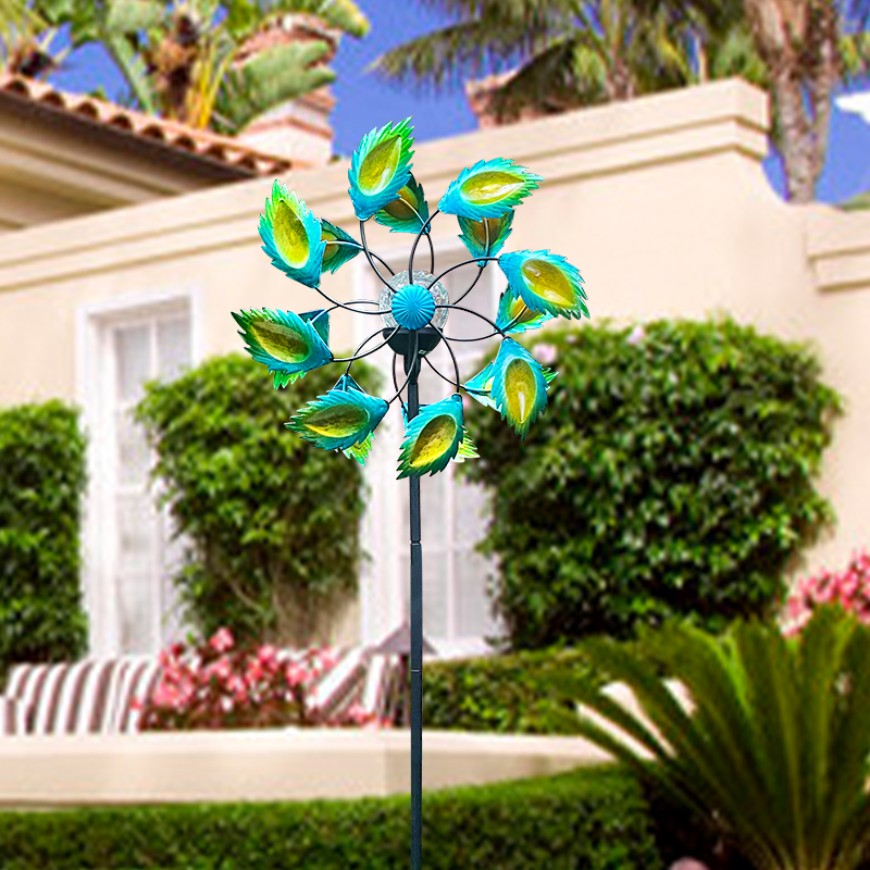 花园装饰铁艺风车旋转摆件庭院别墅露台户外布置T造景七彩太阳能