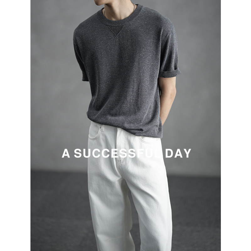 ASSDY|天丝亚麻/天然呼吸感/夏季小三角针织短袖T恤男士半袖上衣