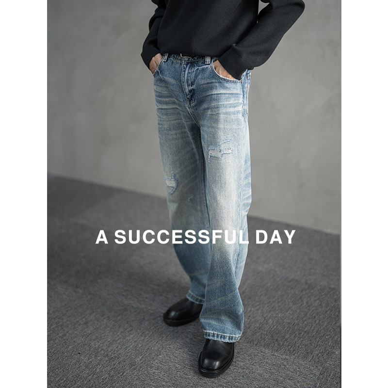 A SUCCESSFUL DAY|设计感牛仔裤男冬潮牌轻熟破洞刮烂水洗阔腿裤