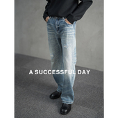 潮牌轻熟破洞刮烂水洗阔腿裤 ASSDY 2025冬季 新款 设计感牛仔裤 男士