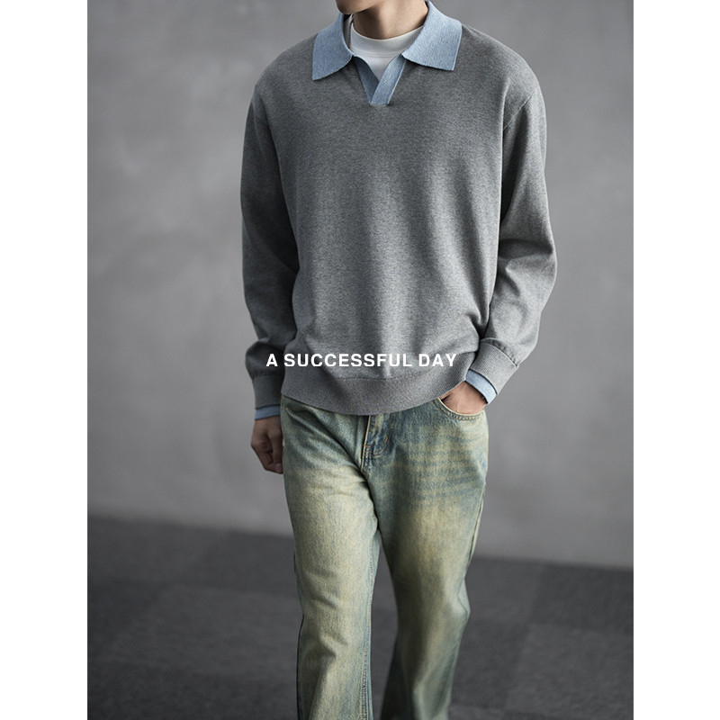ASSDY|100%棉/大自然的馈赠/春季薄款翻领撞色毛衣男士针织衫潮牌
