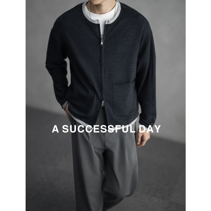 ASSDY|织界双拉链/三维立体编织/春季薄款假两件毛衣开衫男针织衫