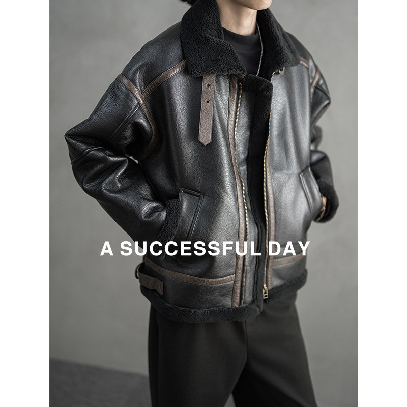 A SUCCESSFUL DAY|皮毛一体美拉德机车PU棉衣服男羊羔绒高领棉袄