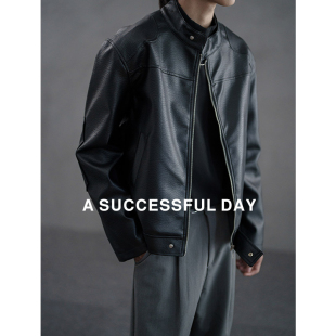 ASSDY 高级荔枝纹肌理痞帅机车皮衣夹克男春秋潮流立领防风PU外套