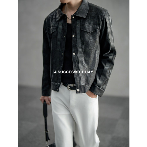 ASSDY|高密基底织物/翻领机车皮夹克男秋季短款外套宽松休闲上衣