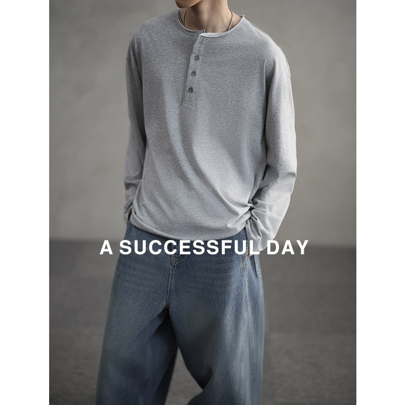 ASSDY|仿贝壳扣/领口手作卷边/春夏亨利领男长袖T恤老钱风打底衫,男装,T恤,淘宝优惠券,粉丝福利购,淘宝优惠卷