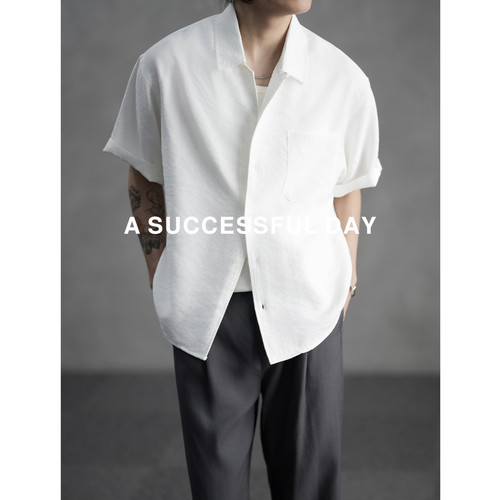 ASSDY|柔感斜天然皱感肌理/夏190g凉感免烫古巴领短袖衬衫男衬衣