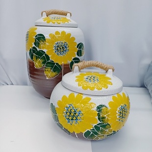 韩国进口手绘陶土米缸粗粮坛陶瓷水缸器皿家用带盖储物大米桶罐子