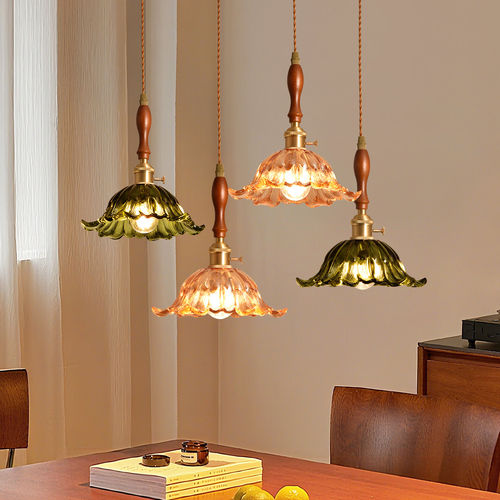 北欧复古玻璃吊灯日式实木餐厅灯法式轻奢吧台灯民宿床头灯具P271