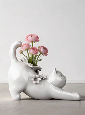 白色猫咪雕塑花瓶《coco cat》创意家居装饰品客厅桌面艺术品礼物