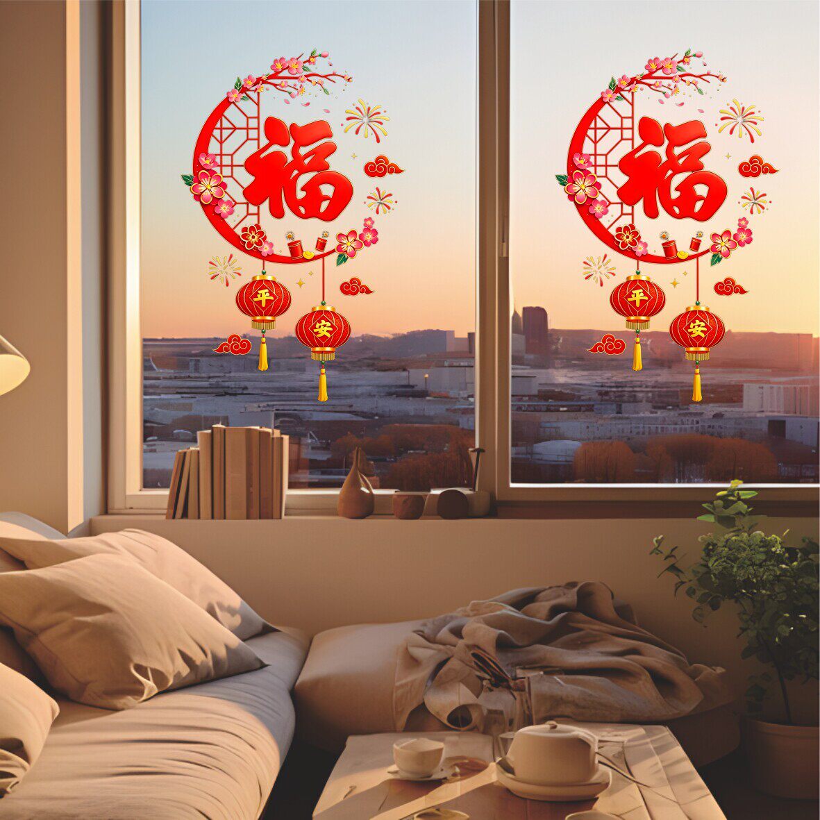 乔迁之喜装饰窗贴新年玻璃UV贴纸窗花中国福字贴乔迁搬家店铺布置