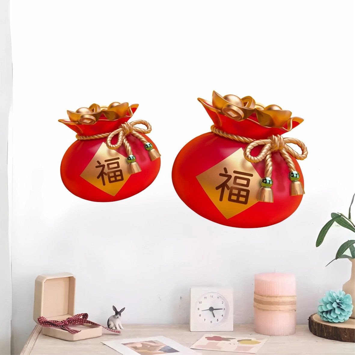 红色福袋厨房柜子门贴纸 新年喜庆橱窗玻璃装饰贴画 中式创意墙贴