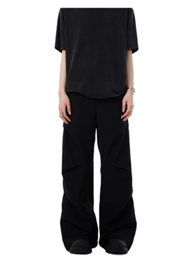 RASP美式复古cleanfit高级感休闲裤褶皱设计宽松微喇黑色长裤