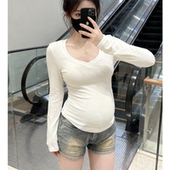 t恤女内搭打底衫 v领长袖 加绒加厚纯欲上衣 2025秋冬新款 纯棉孕妇装