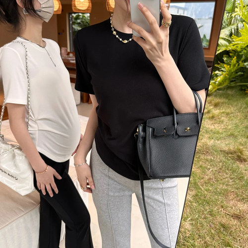 孕妇t恤夏季外穿打底衫褶皱弹力宽松大码短袖上衣纯棉时尚体恤衫